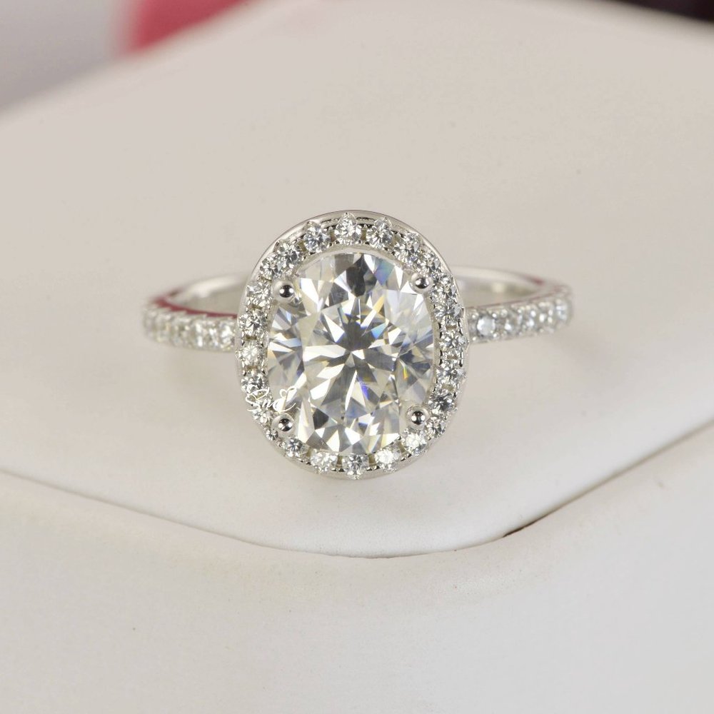 CERTIFIED 4.9 CTW. HALO OVAL CUT MOISSANITE DIAMOND RING 8 - Picture 2 of 5